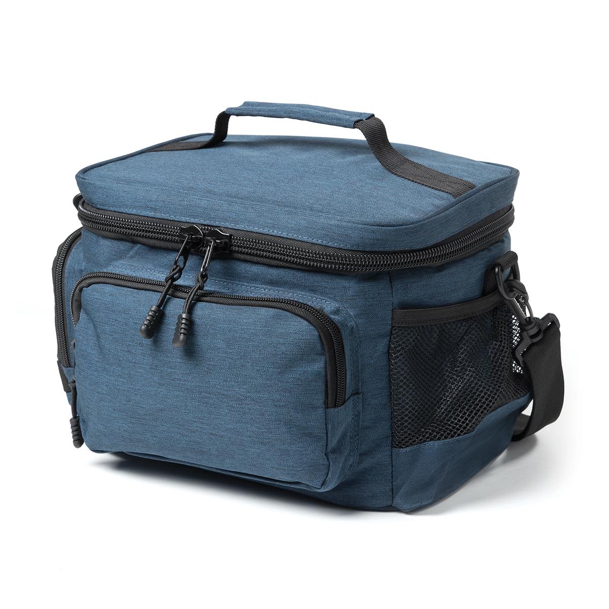 A blue lunch cooler with a zipped compartment, exterior pockets, a handle, and a shoulder strap. It features a logo. Super Duty 12 - Lunch Cooler - Image 1