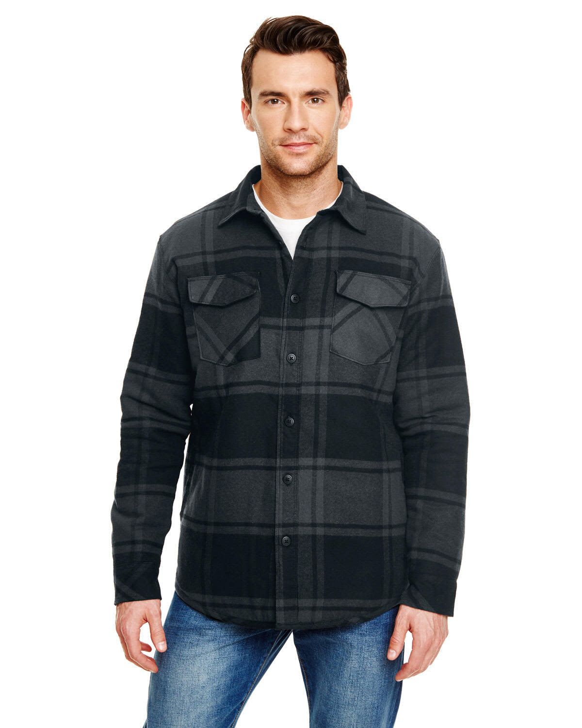 A flannel jacket in black and grey plaid with two chest pockets and a logo, worn by a man. Flannel Jacket with Poly Lining - Image 1