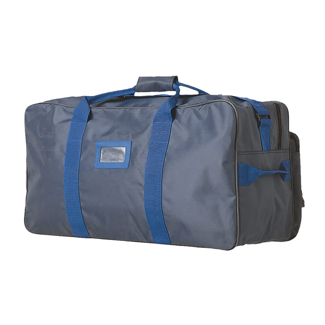 A navy duffle bag with blue straps and a side pocket. It features a logo and a rectangular identification window. Holdall Bag - Image 1