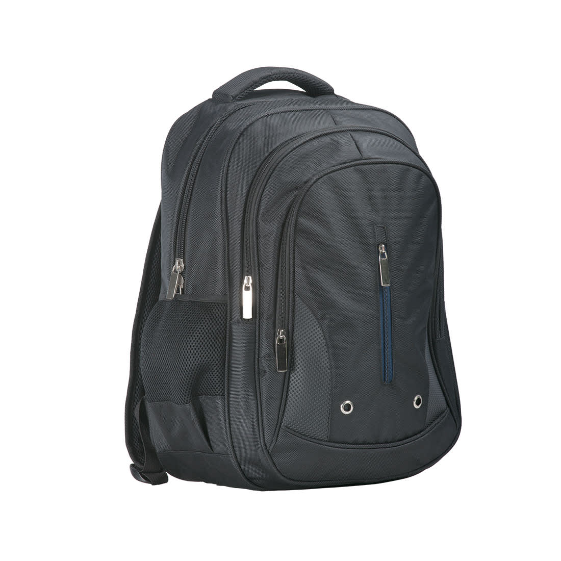 A black triple pocket backpack featuring multiple compartments and a mesh side pocket, with a logo visible. Triple Pocket Backpack - Image 1
