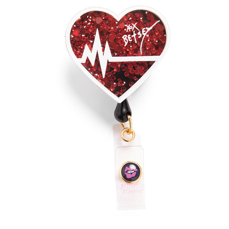 A red heart-shaped retractable badge with glitter and a logo, featuring a heartbeat line and a clip. Betsey Retractable Badges - Image 1