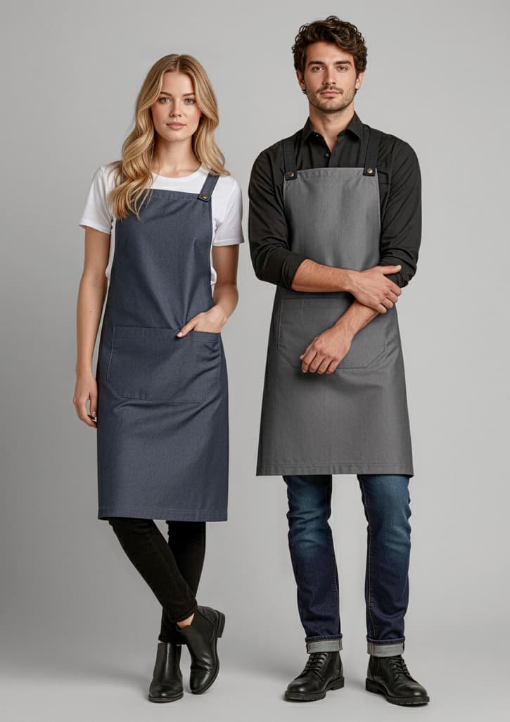 Two models wearing Urban Bib Aprons in navy blue and grey, featuring pockets and adjustable straps. Each apron has a logo. Urban Bib Apron - Image 1