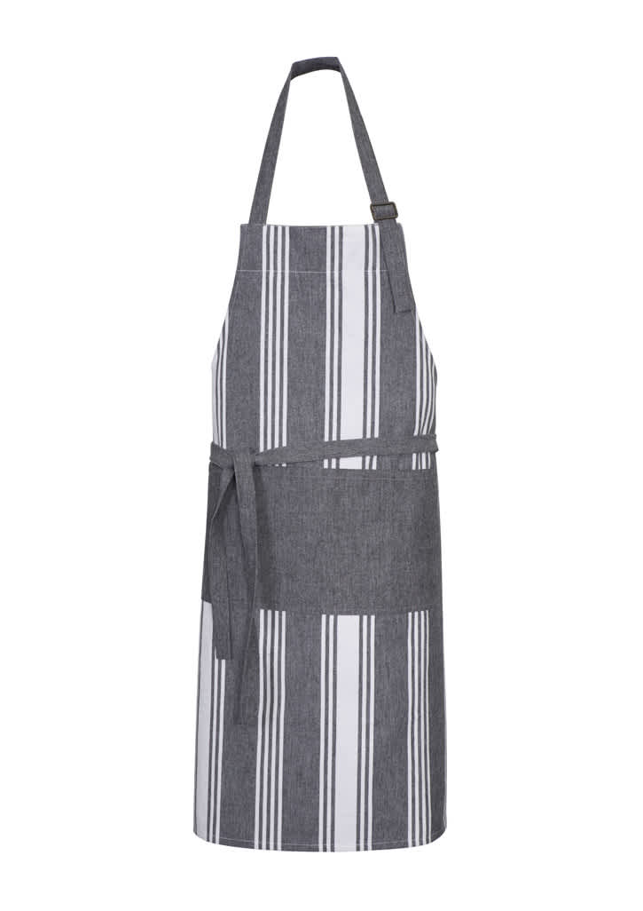 A striped grey and white apron with a tie waistband and adjustable neck strap, featuring a logo. Salt Apron - Image 1