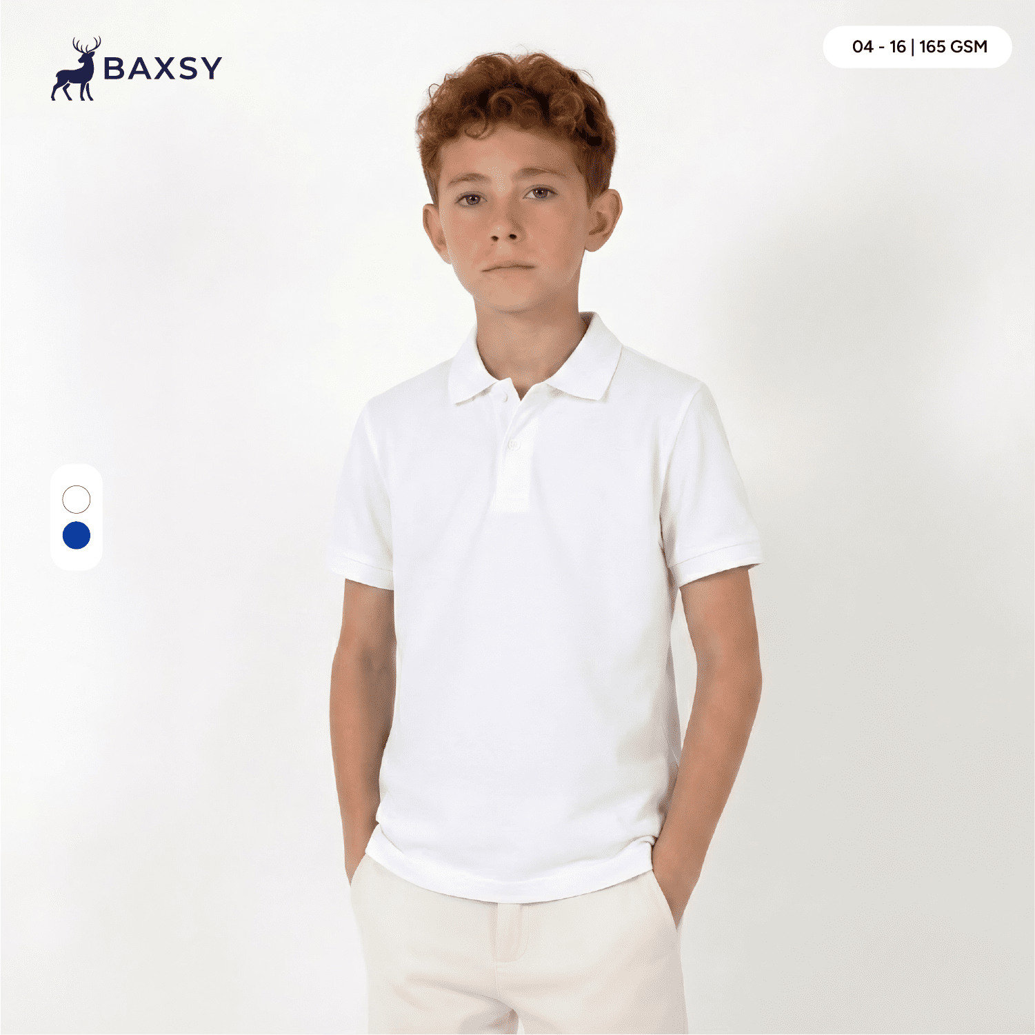A youth white polo shirt featuring a collar and short sleeves, with a logo on the upper left side. Youth Raven Polo - Image 1