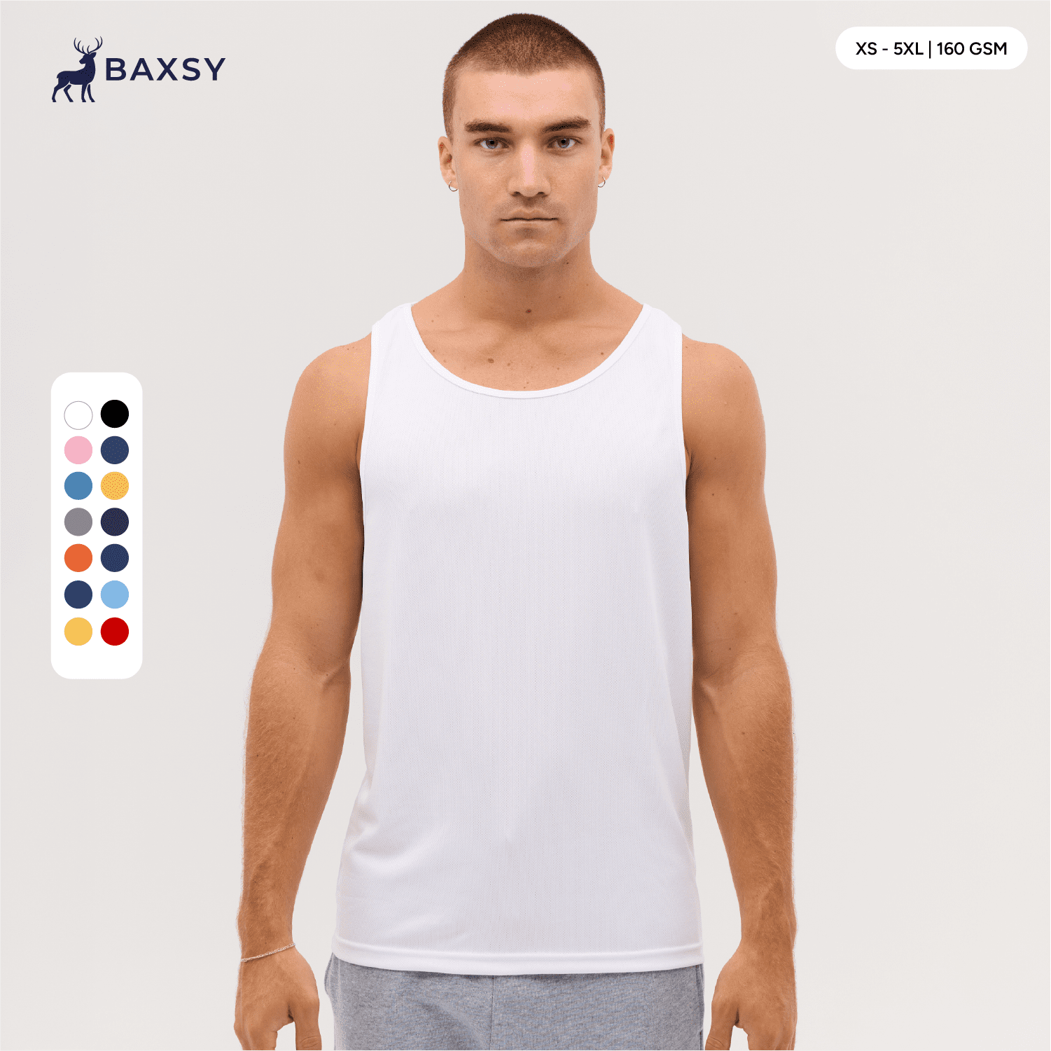 A white sleeveless singlet displayed on a model, featuring a logo and a colour palette on the side. Core Singlet - Image 1