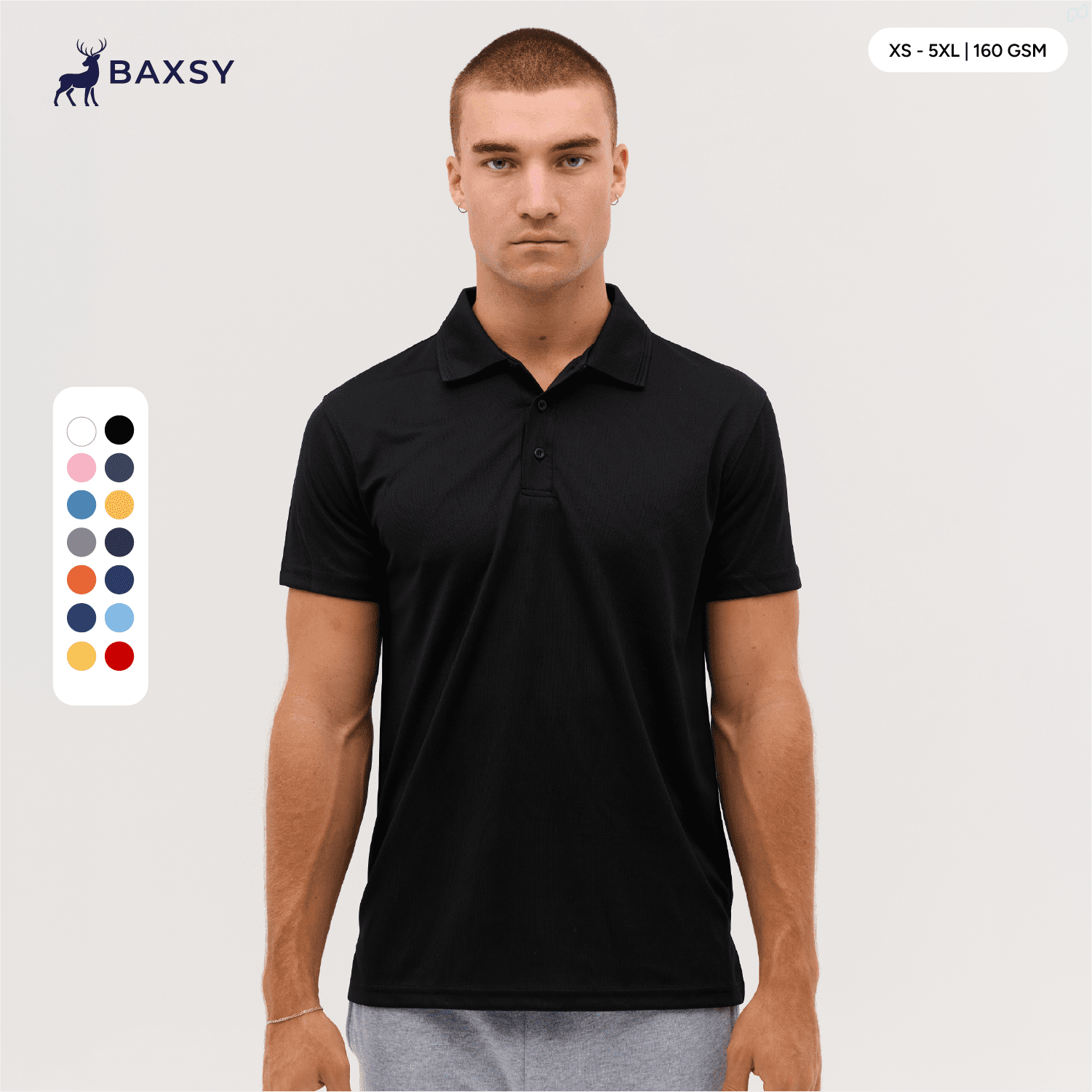 A black polo shirt displayed on a model, featuring a collar and short sleeves. Includes a colour guide on the side. Core Polo - Image 1