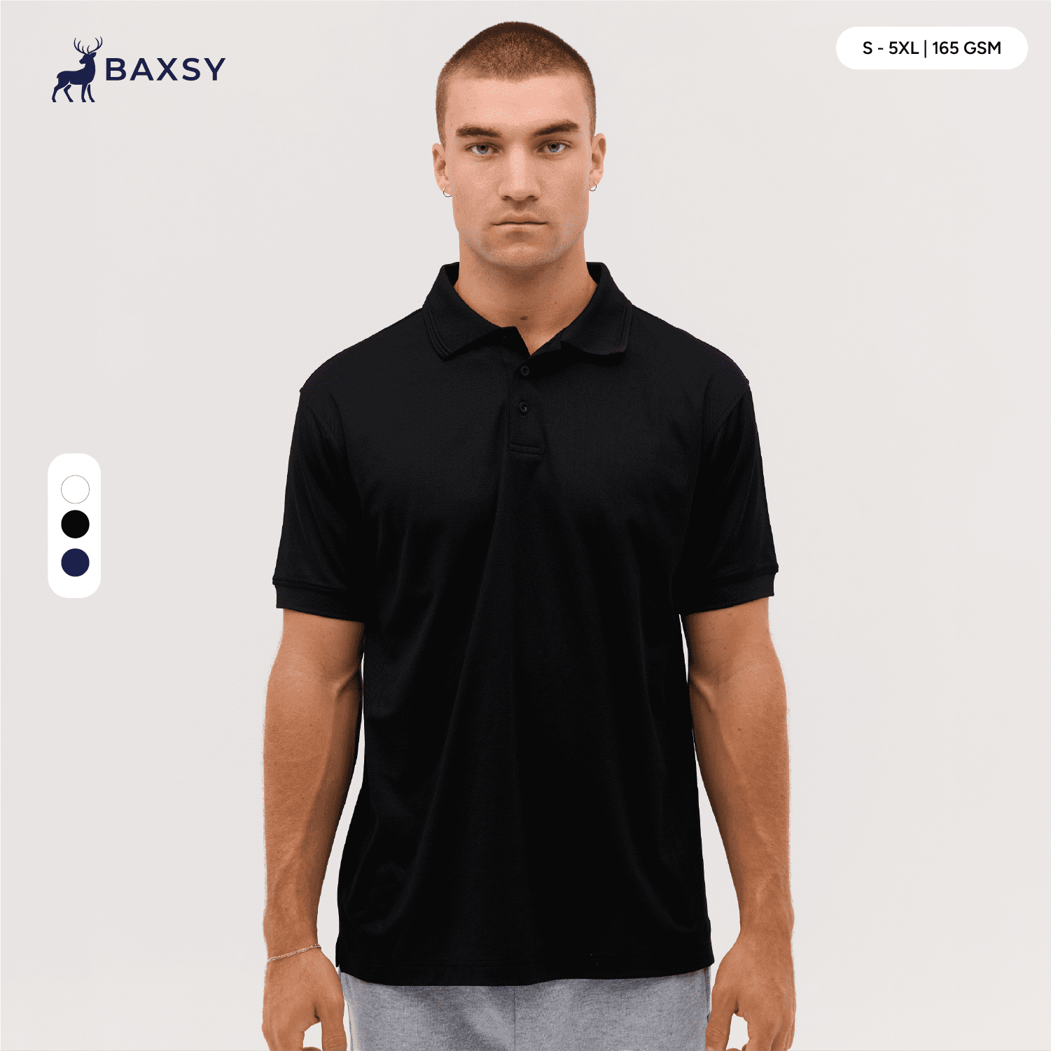 A black polo shirt displayed on a model, featuring a collar and short sleeves. It has a branding logo. Form Polo - Image 1