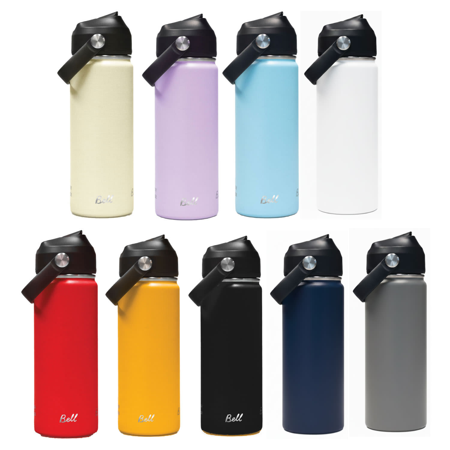 A drink bottle collection featuring a variety of colours, including red, yellow, blue, white, black, grey, purple, and cream, with carry handles. 500ml Bell Bottle with Carry Handle - Image 1