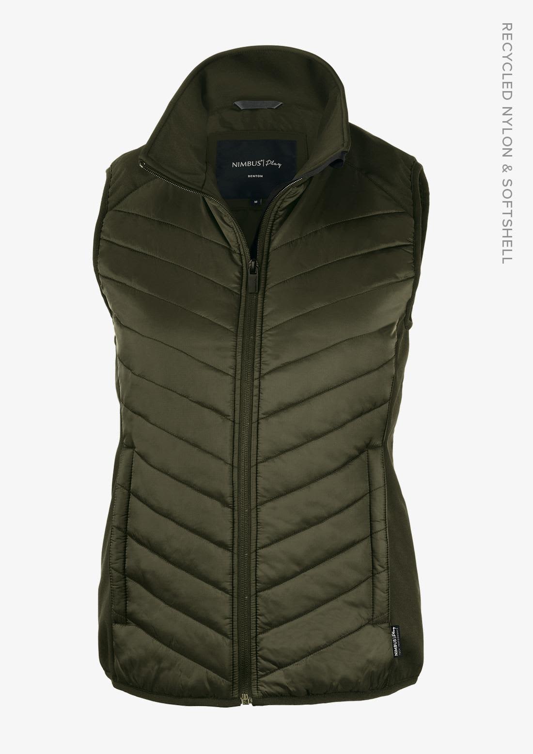 An olive green women's vest with a zippered front, featuring a quilted design and a logo on the chest. Benton Women Vest - Image 1