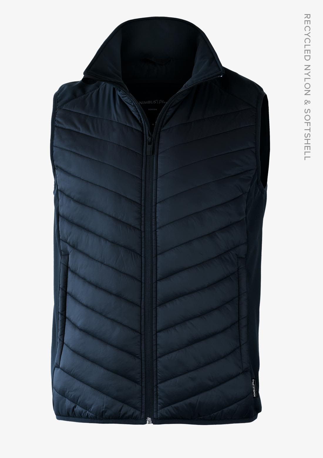 A dark blue, quilted men's vest with a high collar and front zipper, featuring a logo on the side. Benton Men Vest - Image 1