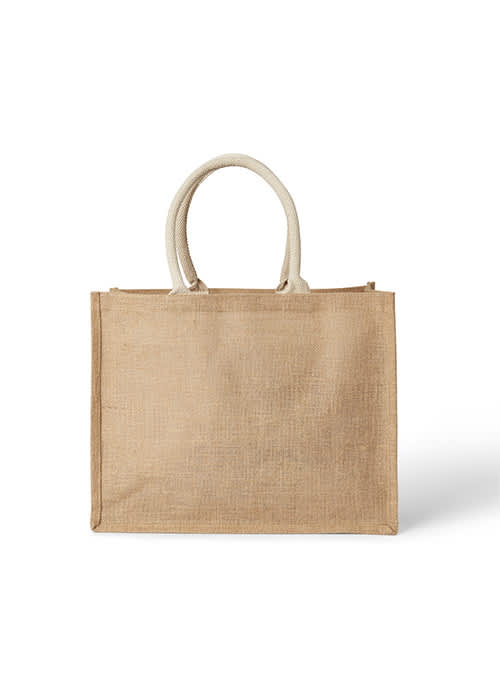 A jute tote bag in a natural beige colour with cream handles and a logo. Jute Bag - Image 1
