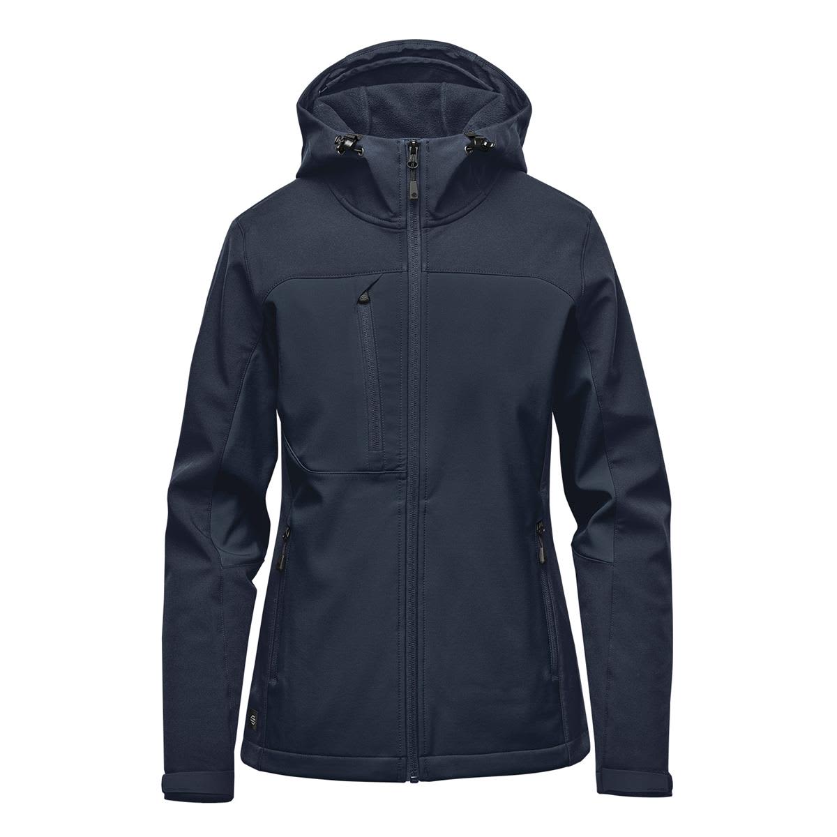 A women's navy softshell jacket with a hood, featuring zippered pockets and a logo. Women's Cascades Hooded Softshell - Image 1