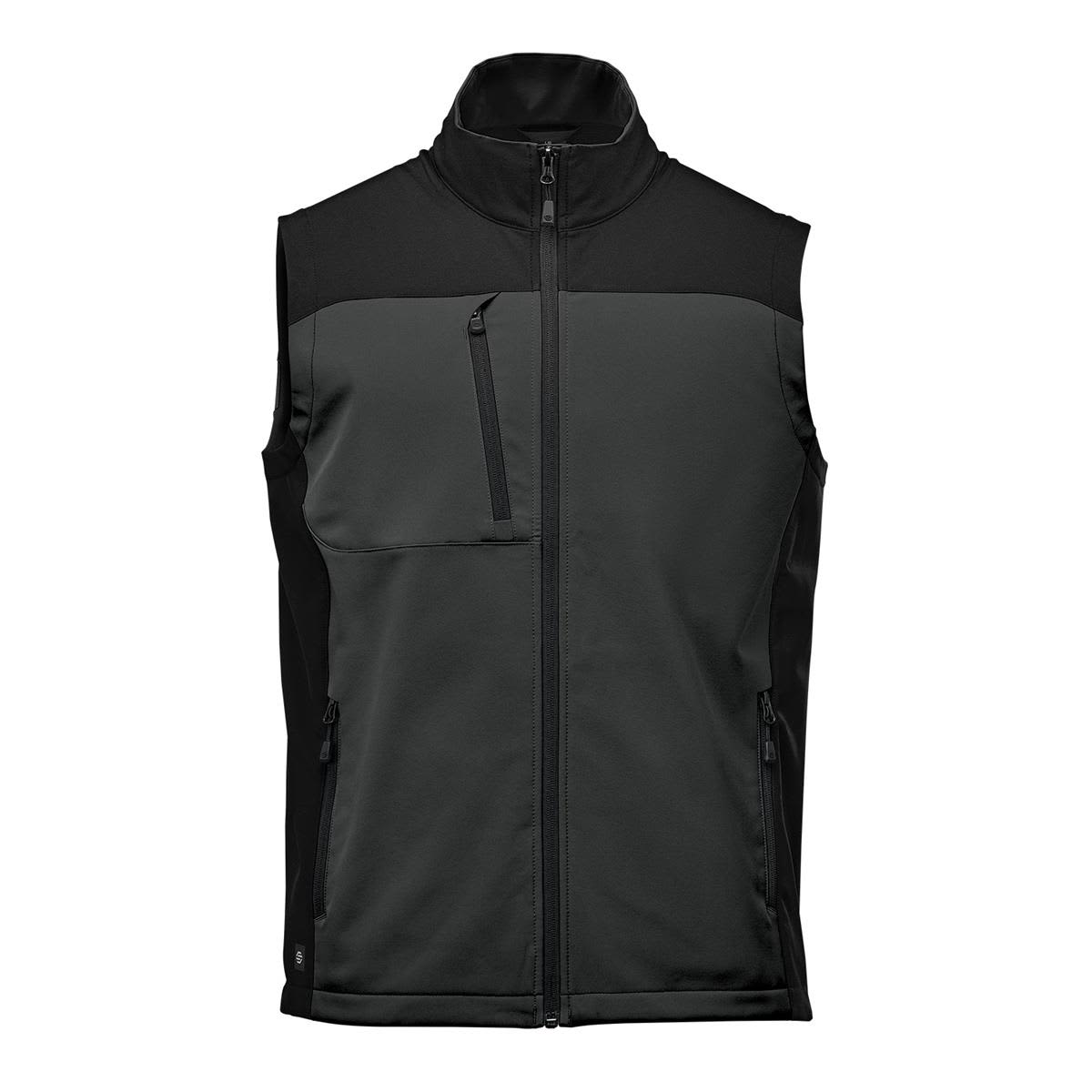 A men's softshell vest in green and black, featuring a zip front and side pockets, with a logo. Men's Cascades Softshell Vest - Image 1