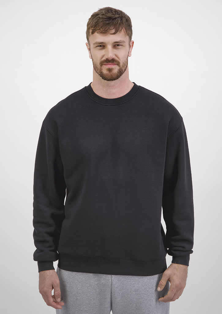 A black men's crew sweatshirt with a classic fit, displayed on a model wearing grey sweatpants. Mens Everyday Crew Sweatshirt - Image 1