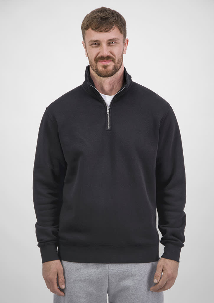 A black men's 1/4 zip sweatshirt, featuring a zippered collar and ribbed cuffs, worn by a male model. Mens Everyday 1/4 Zip - Image 1