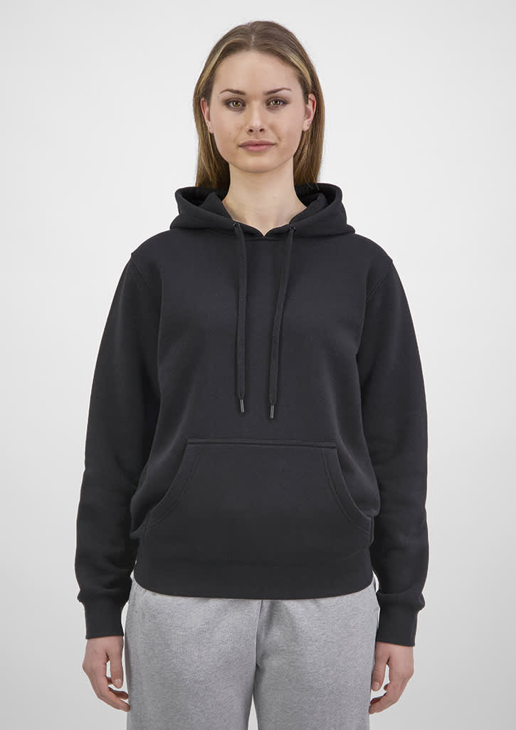 A women's hoodie in black with a drawstring hood and a front pocket, worn with grey pants. Womens Everyday Hoodie - Image 1