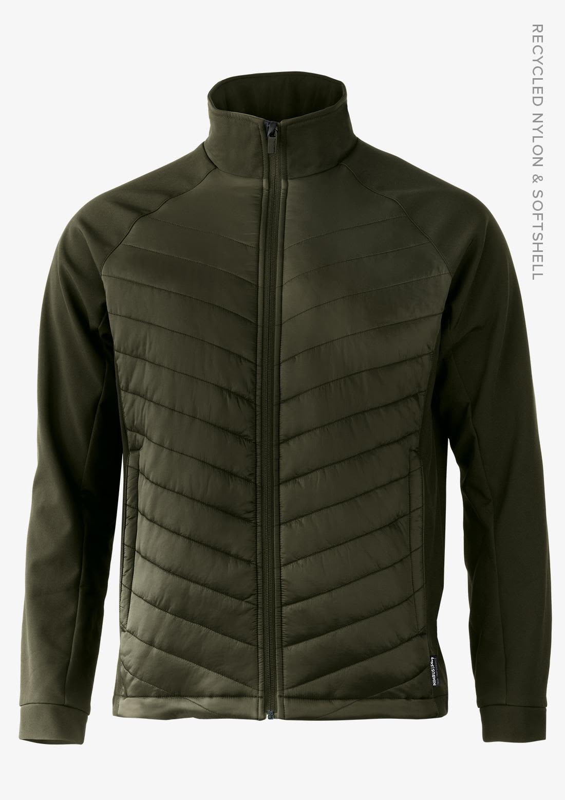 A soft shell jacket in olive green with a zip front and quilted design. Features a logo on the jacket. Bloomsdale Men Jacket - Image 1