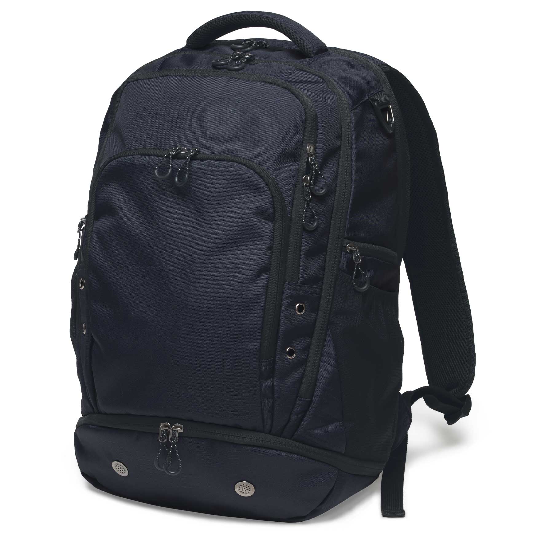 A dark navy backpack with multiple compartments and zippers, featuring padded shoulder straps and a logo. Metro-Lock Backpack - Image 1