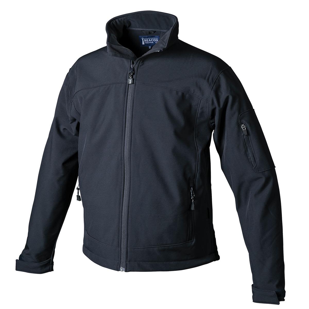 A black softshell jacket with a zip front, high collar, and side pockets, featuring a branding logo. Perkins Men's Softshell Jacket - Image 1