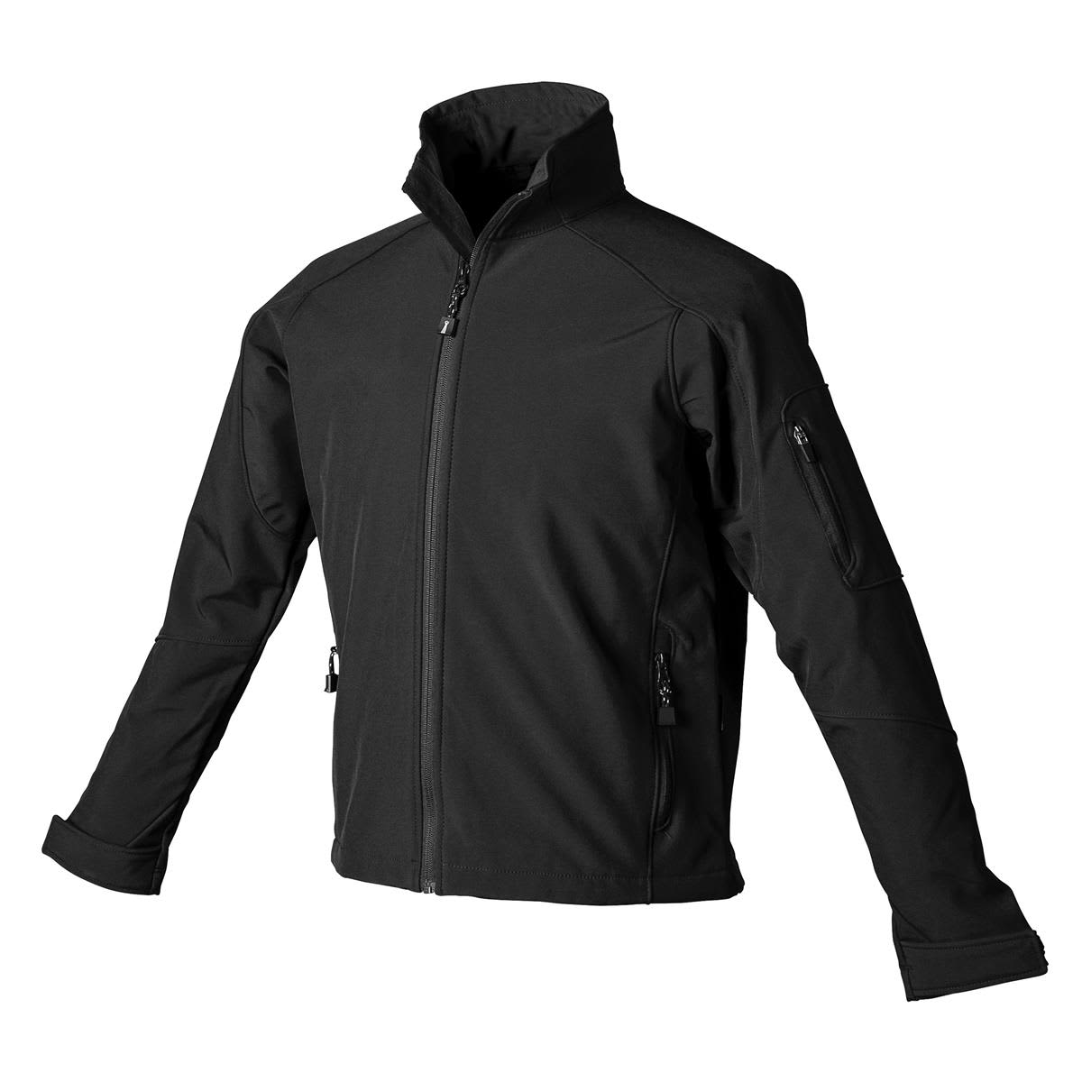 A black softshell women's jacket with zippered pockets and a high collar. The jacket has a logo on one sleeve. Libby Women's Softshell Jacket - Image 1