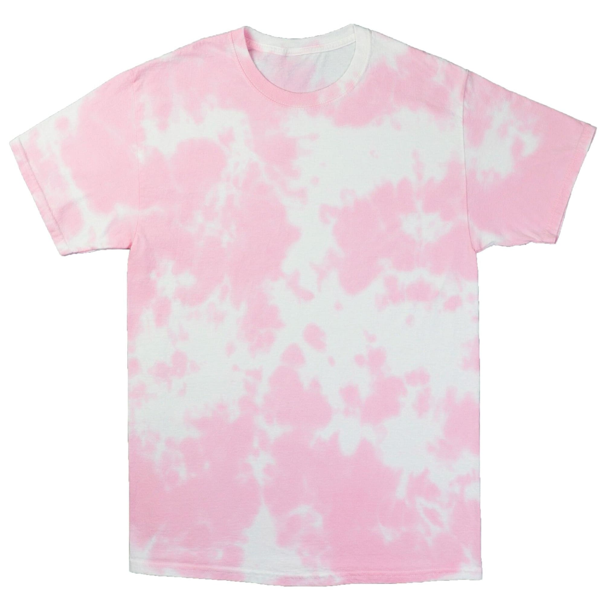 A pink and white tie dye t-shirt with a cloud pattern, featuring a logo on the sleeve. Cloud Tie Dye T-Shirt - Image 1