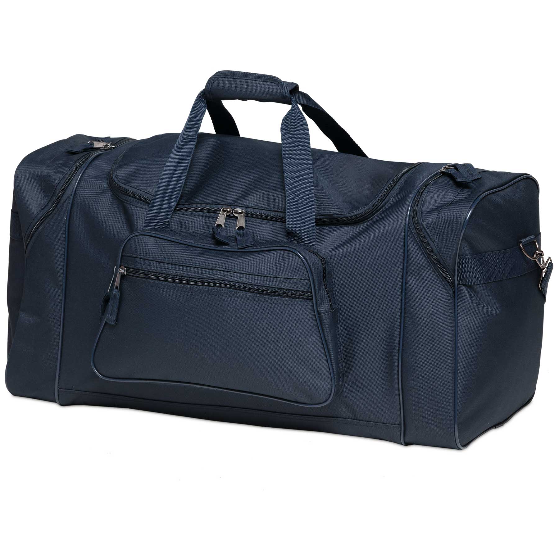 A plain navy blue duffle bag with two handles and a front zipper pocket, featuring a logo. Plain Sports Bag - Image 1