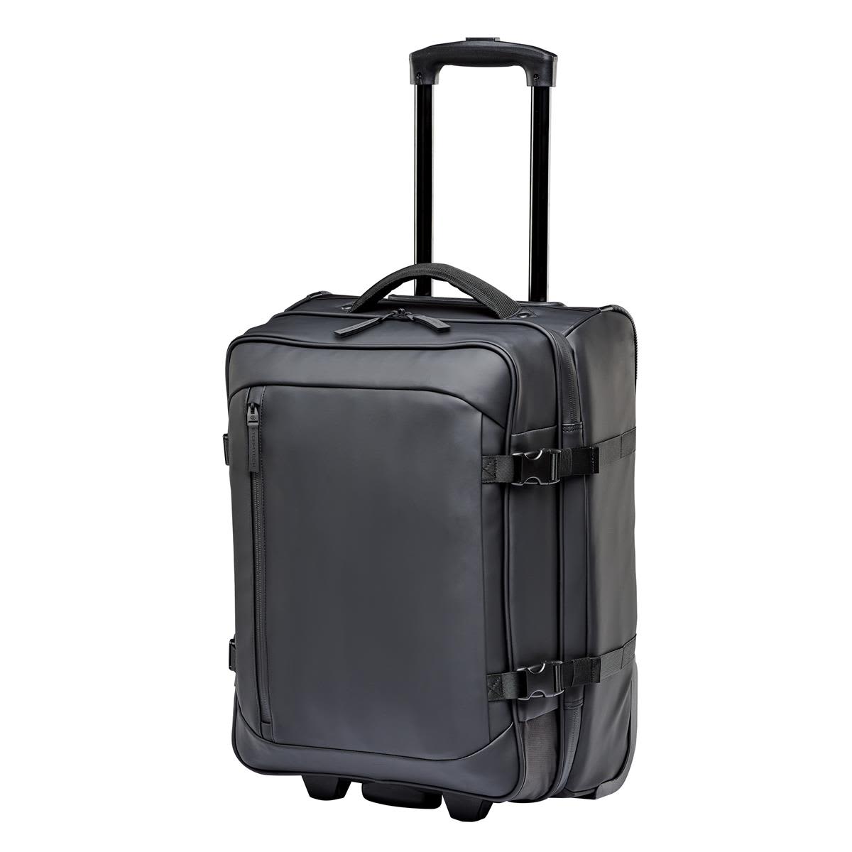 A black wheeled carry-on suitcase with a retractable handle and side straps, featuring a logo on the front. Eclipse Wheeled Carry-On - Image 1