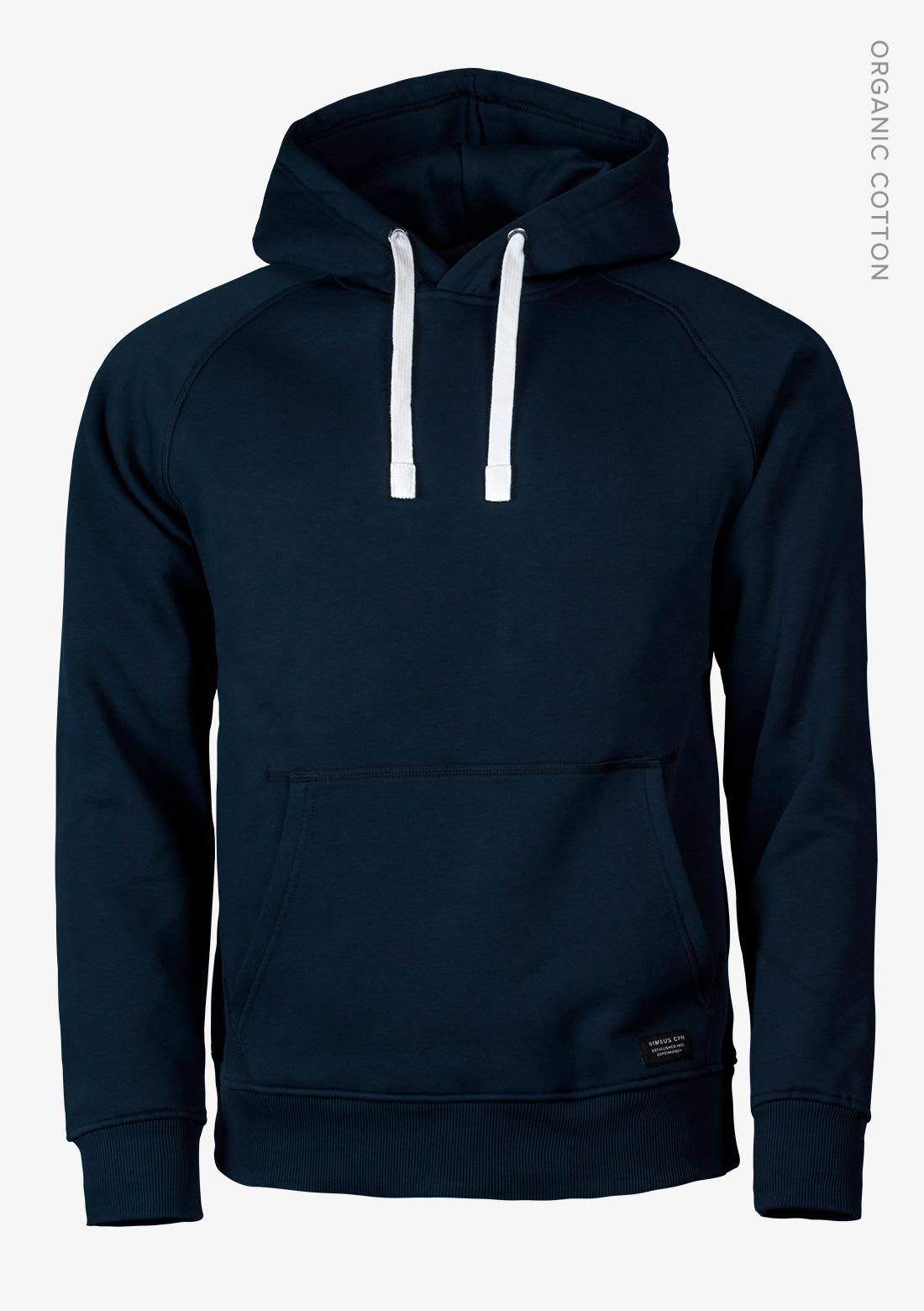 A navy hoodie with a front pocket, drawstring hood, and contrasting white drawstrings. It features a logo on the hem. Brownsville Men Hoodie - Image 1
