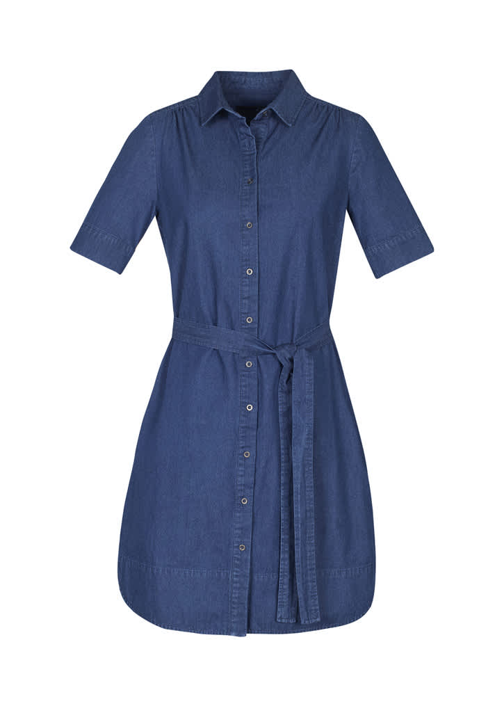 A women's denim dress with short sleeves, a button-down front, and a tied waist detail. Womens Delta Dress - Image 1