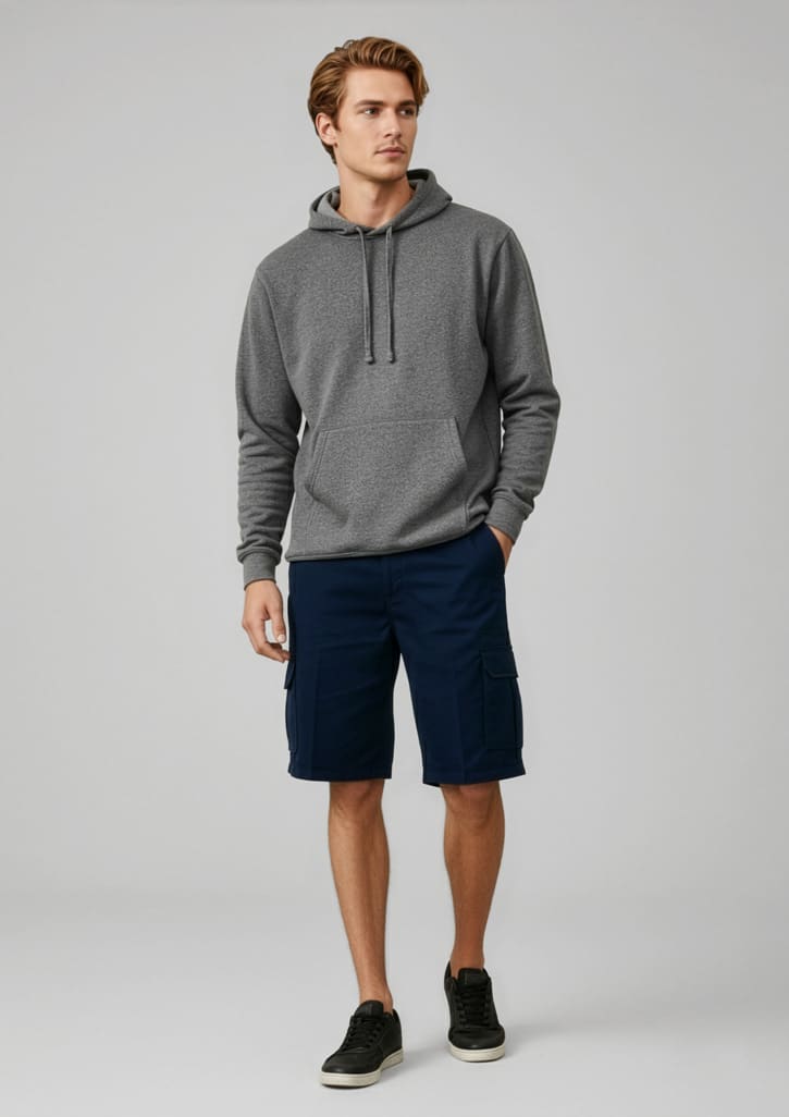 Mens Detroit shorts in navy, paired with a grey hoodie and black shoes. The shorts have a logo on them. Mens Detroit Short (Regular) - Image 1