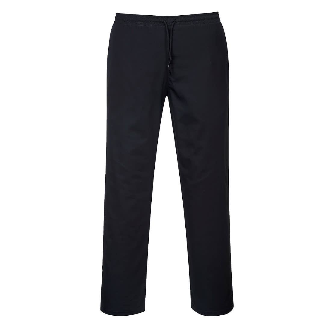 Black drawstring chef trousers with a relaxed fit and an integrated waistband. Features a simple design. Chef's Drawstring Pants - Image 1