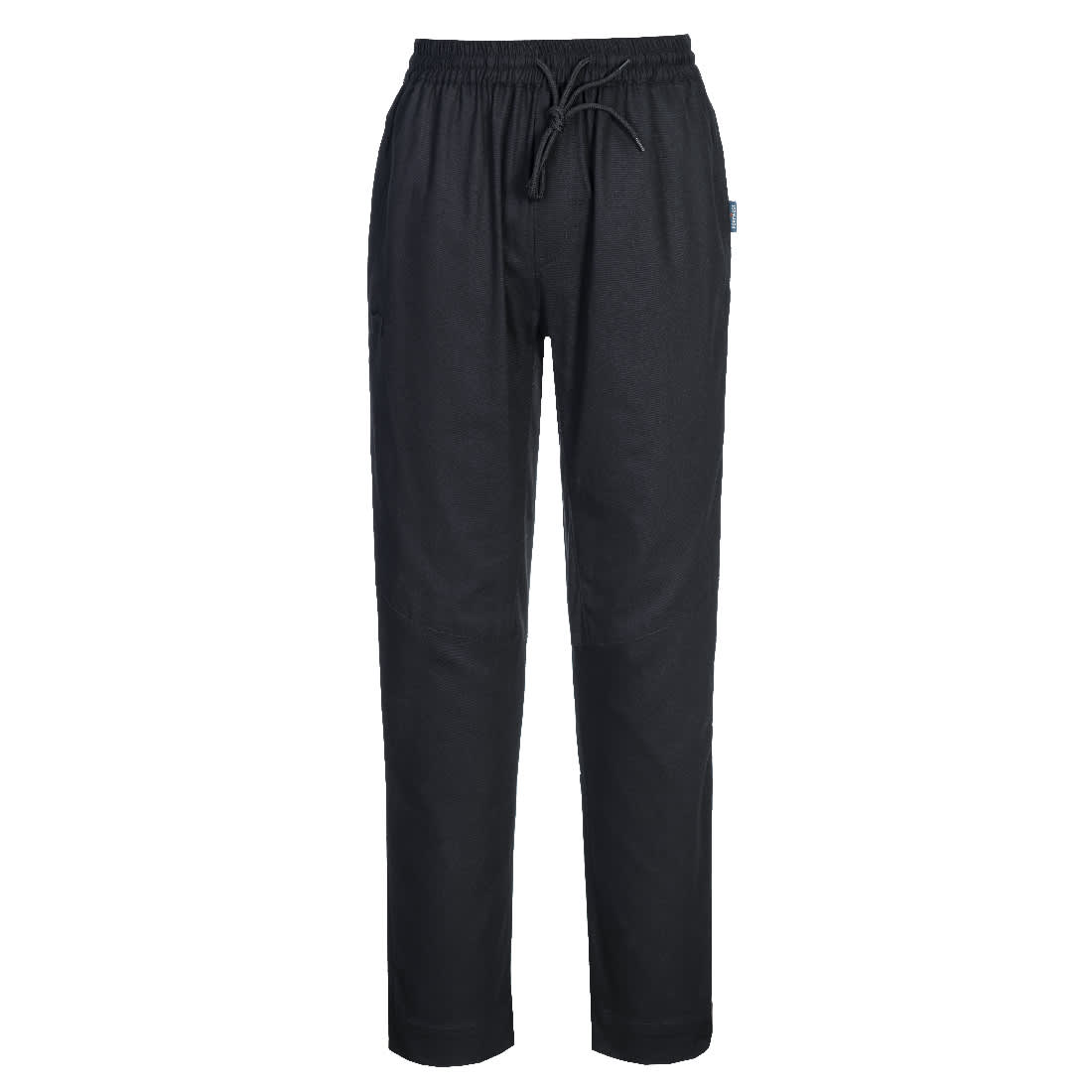 Black Cotton Chef Pants featuring an elastic waistband and drawstring, with a logo on the side. Chef's Cotton MeshAir Pro Stretch Pants - Image 1
