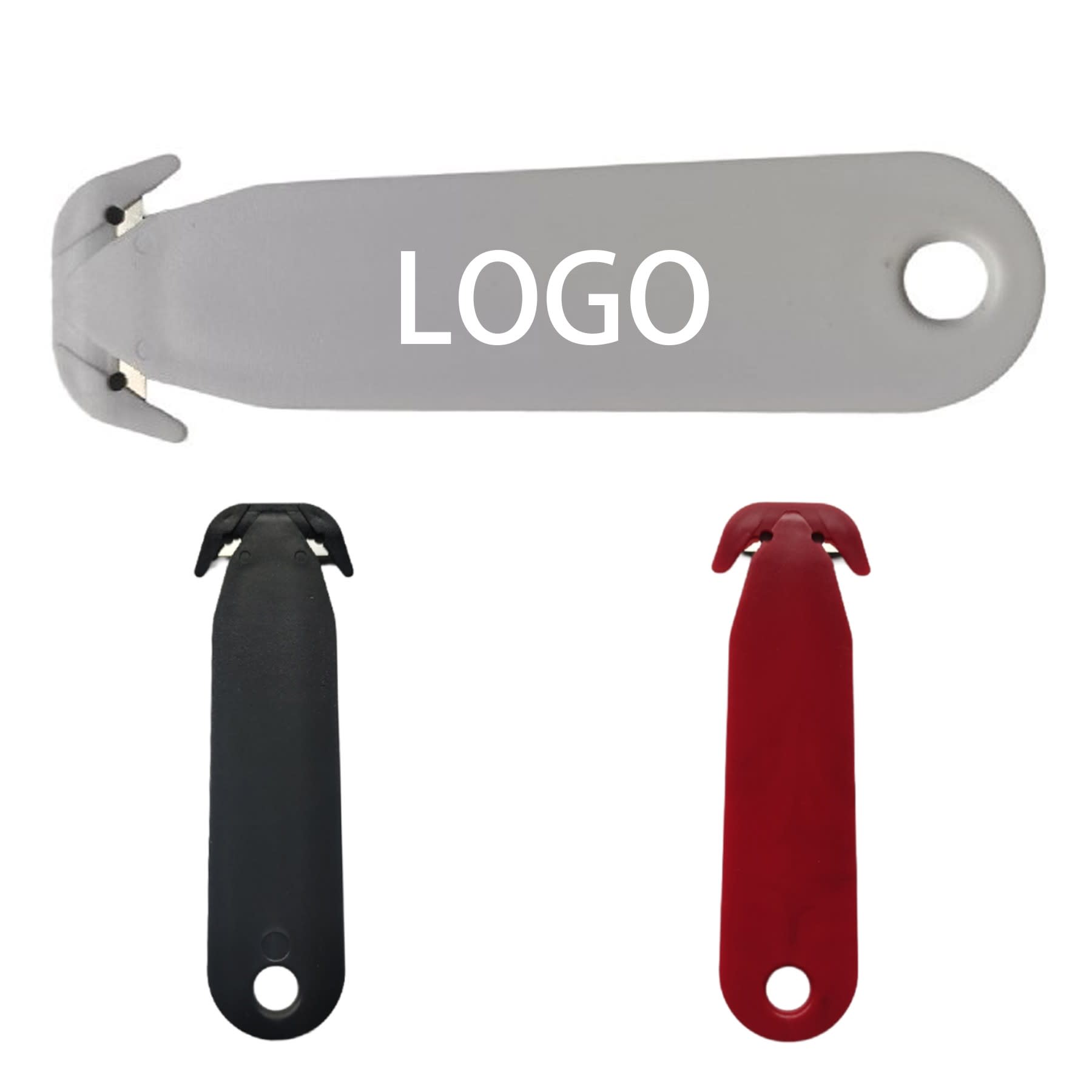 A safety box cutter knife in grey, black, and red, featuring a logo on the grey handle. Safety Box Cutter Knife - Image 1