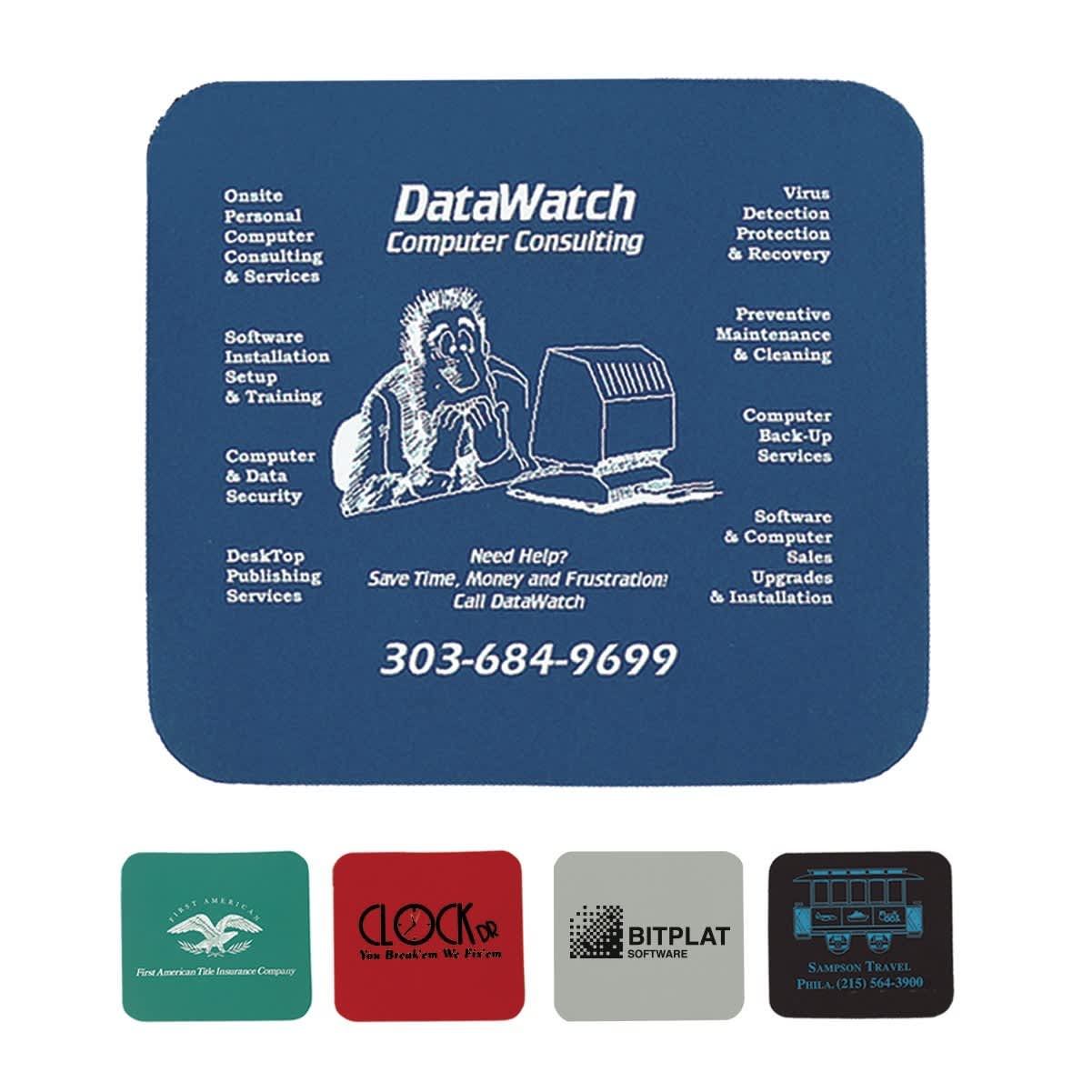A blue mouse pad featuring a graphic of a monkey at a computer, with an accompanying logo and text. Mouse Pad - Image 1