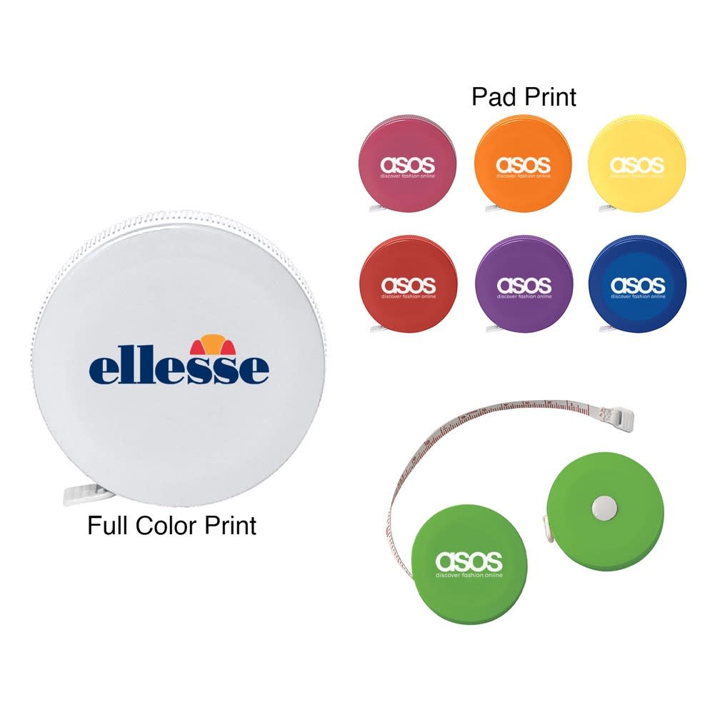 A 5' tape measure in various colours, including green, purple, yellow, and red, with branding on some. 5' Tape Measure - Image 1