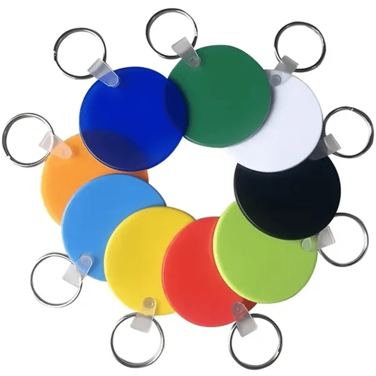 A collection of round key holders in blue, green, white, black, orange, yellow, and other bright colours, with key rings. Round Shaped Key Holder - Image 1