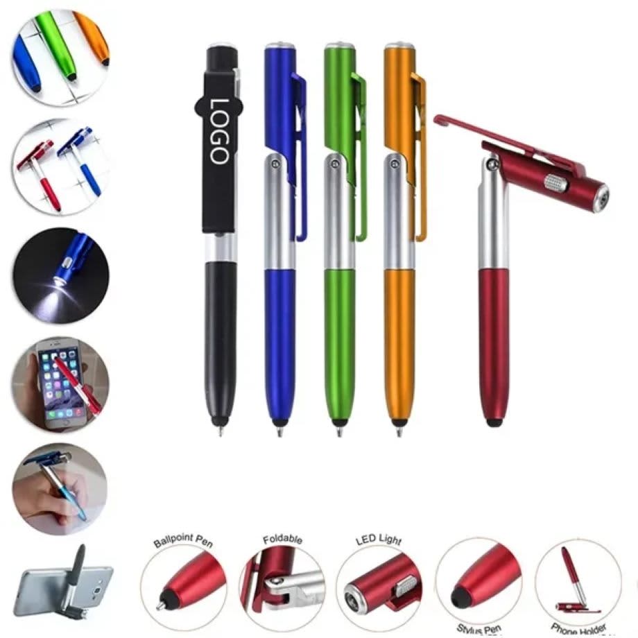 A set of five multi-functional ballpoint pens in blue, green, orange, red, and black, with LED lights and branding. Touch Screen Ballpoint Pens with LED Light - Image 1