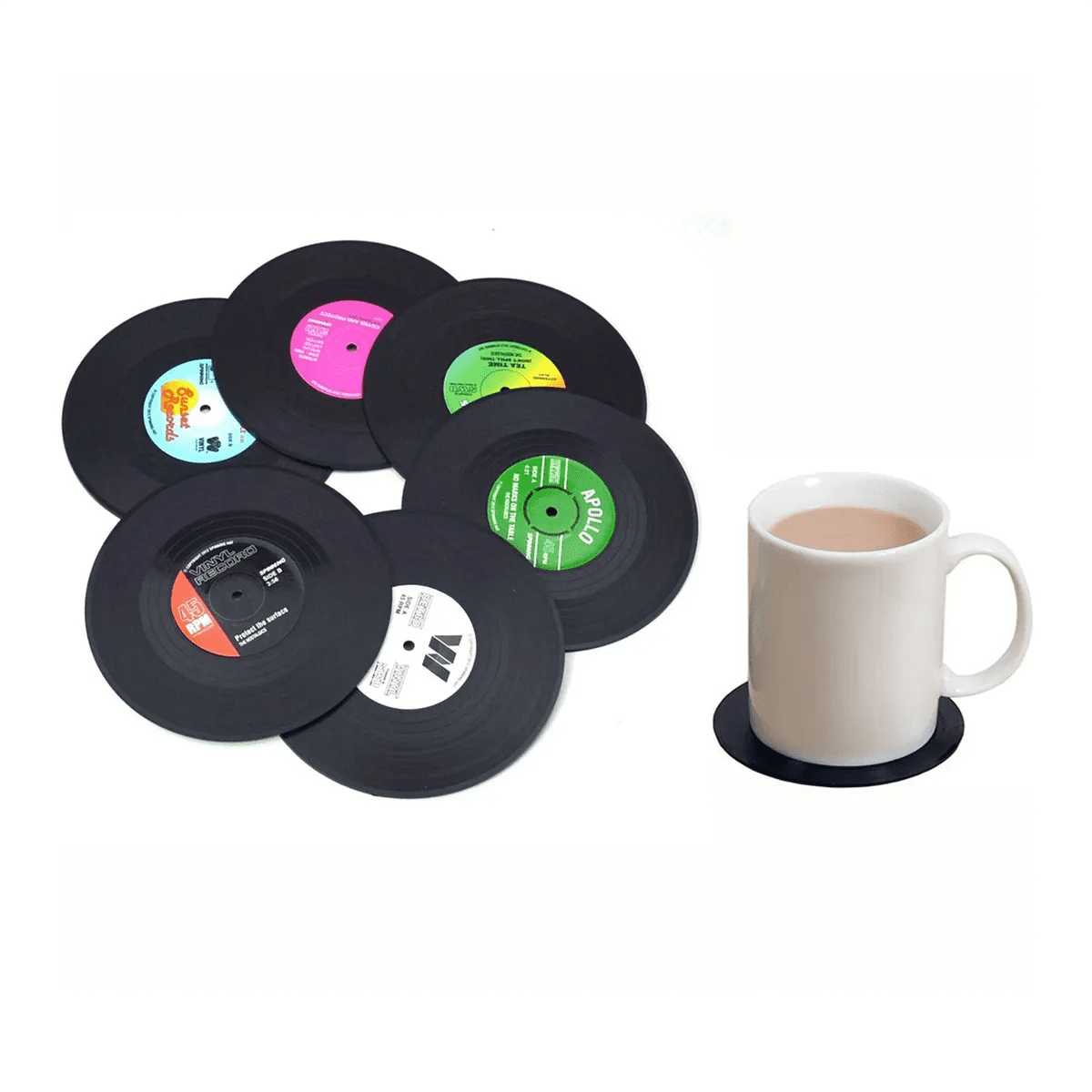A drink bottle sits on a black vinyl record drink coaster, surrounded by more coasters in various colours. Vinyl Record Drink Coaster - Image 1