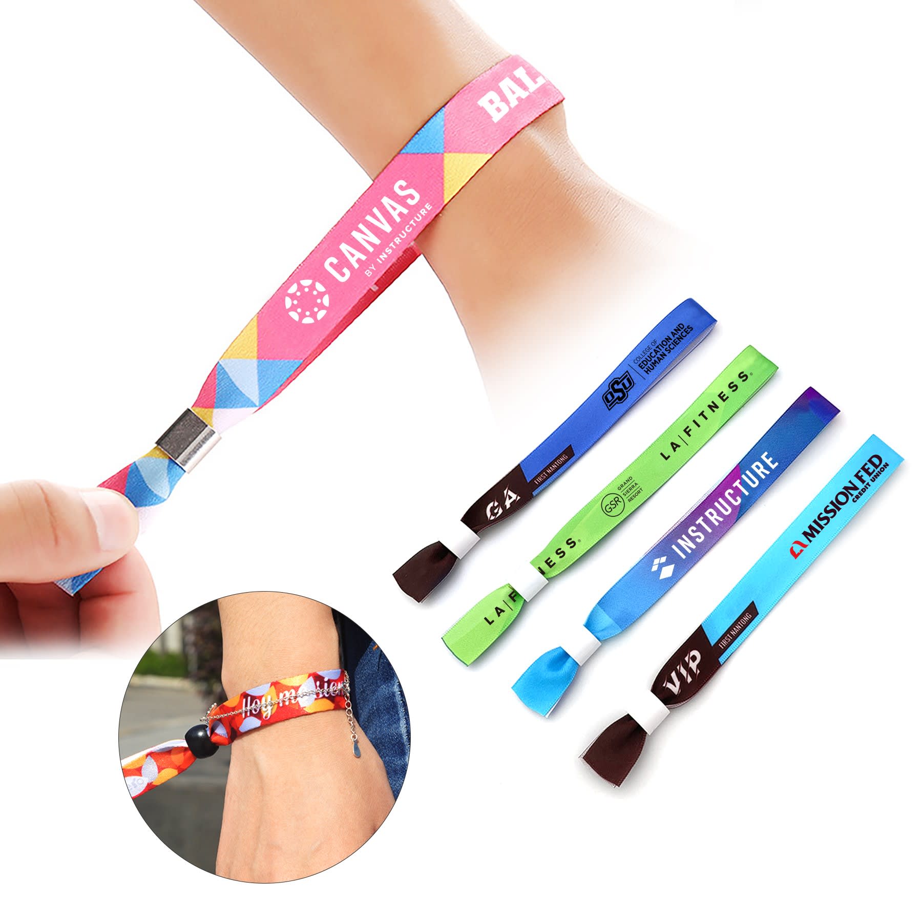 A selection of brightly coloured event wristbands in various designs and styles, featuring a logo on some bands. Event Wristband - Image 1