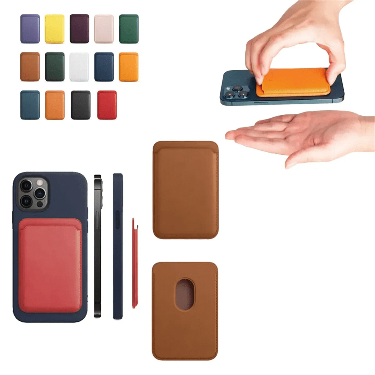 A magnetic card wallet holder in various colours, displayed next to smartphones and being placed on a phone. Magnetic Card Wallet Holder - Image 1