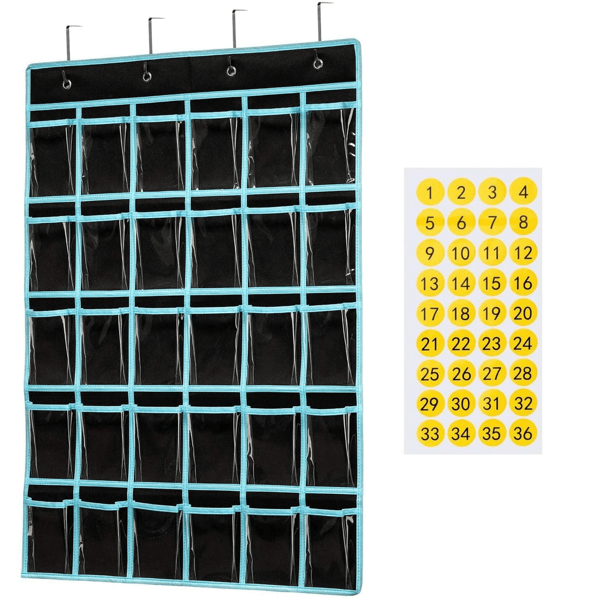 A black wall chart organiser with turquoise trim featuring 30 pockets, accompanied by a sheet of yellow number stickers. 30 Pocket Classroom / Office Charts - Image 1