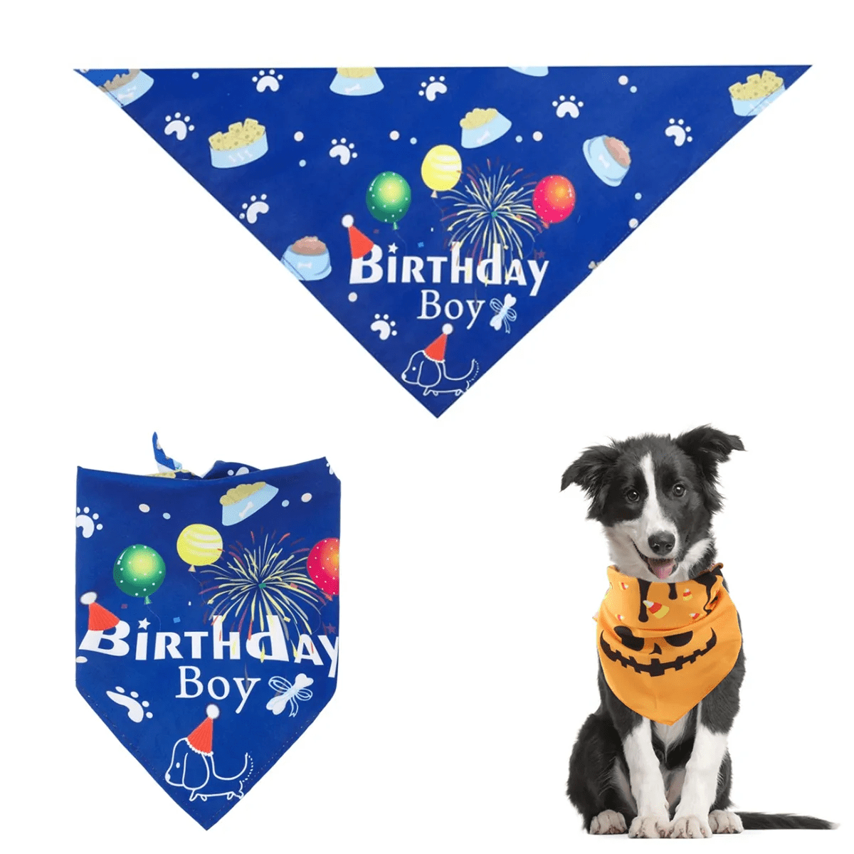 A blue pet triangle bandana featuring birthday-themed graphics, with a second orange bandana displaying Halloween designs. Pet Triangle Bandana - Image 1