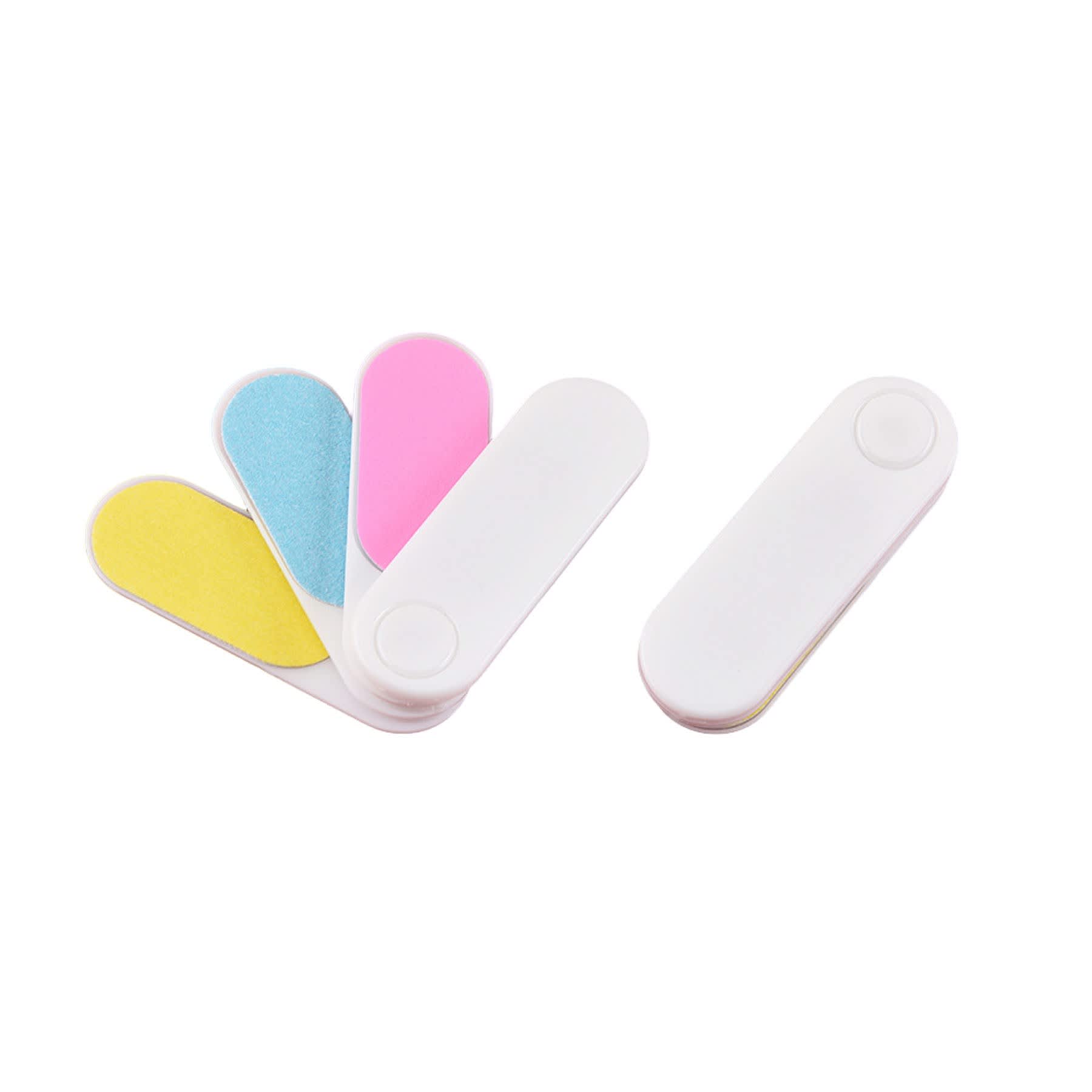 A mini nail file set featuring four colours: pink, blue, and yellow, with a white casing. Mini Nail File - Image 1