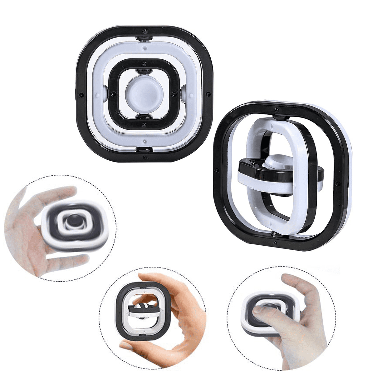A 3D Infinite Flip Fidget Spinner in black and white, featuring nested rings and a logo. 3D Infinite Flip Fidget Spinner - Image 1