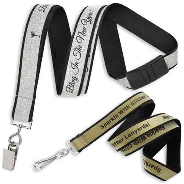 A glitter lanyard featuring silver and gold sparkly straps, with black fabric accents and a clamping hook. Glitter Lanyard - Image 1