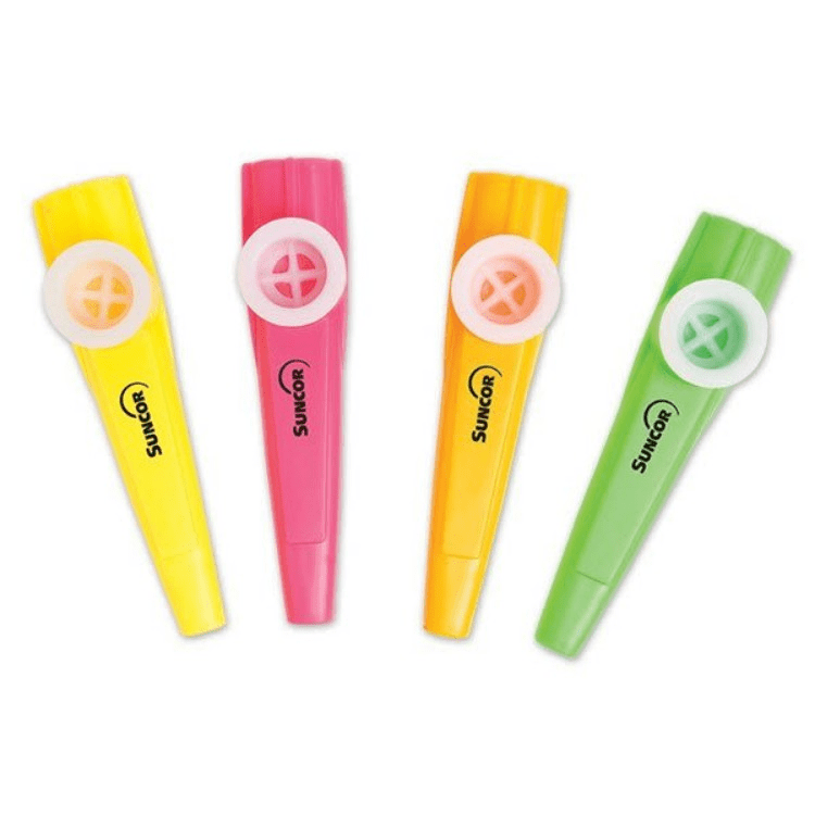 Four kazoos in yellow, pink, orange, and green, featuring circular mouthpieces and branding. Kazoos / Musical Instruments - Image 1