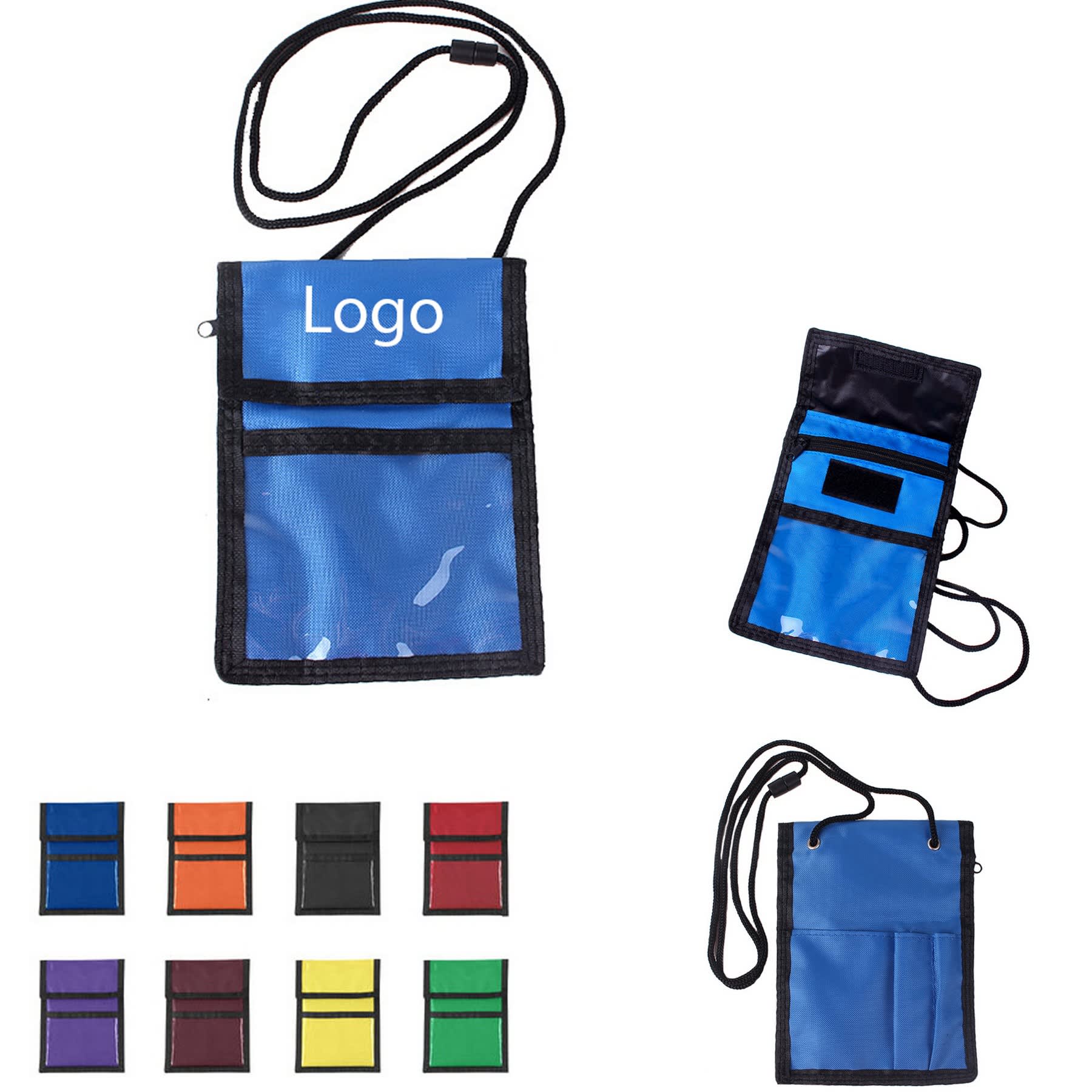 A blue neck wallet badge holder with black trim, featuring a logo and multiple pocket colours, including red, green, and yellow. Neck Wallet Badge Holder - Image 1