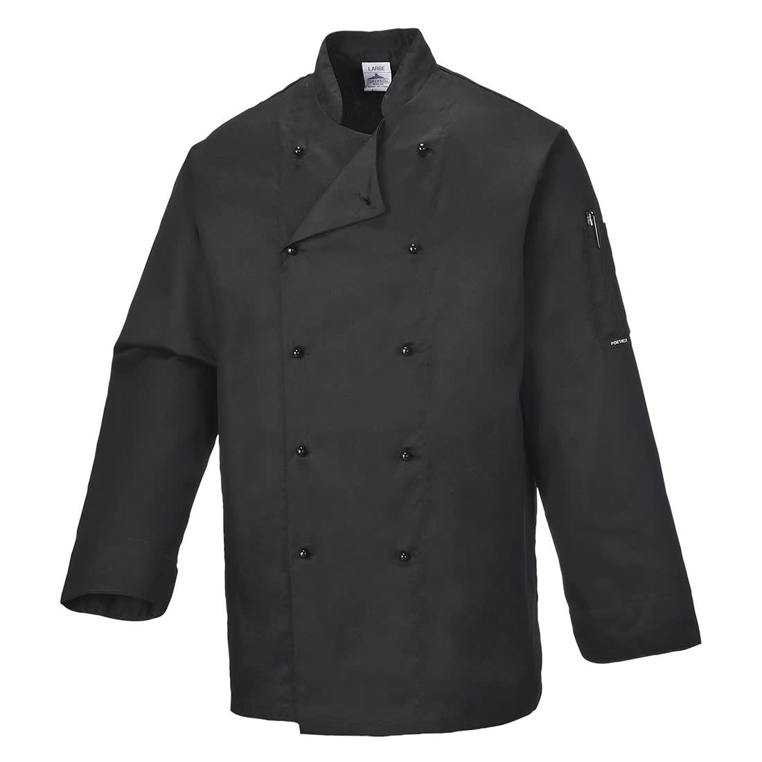 A black chef jacket with a double-breasted design and a zippered pocket on the sleeve. It features a logo. Chef's Somerset Jacket L/S - Image 1