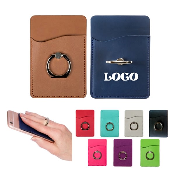 A phone wallet in brown and blue, featuring a ring grip, available in multiple colours including pink, green, and grey. Phone Wallet with Ring Grip - Image 1