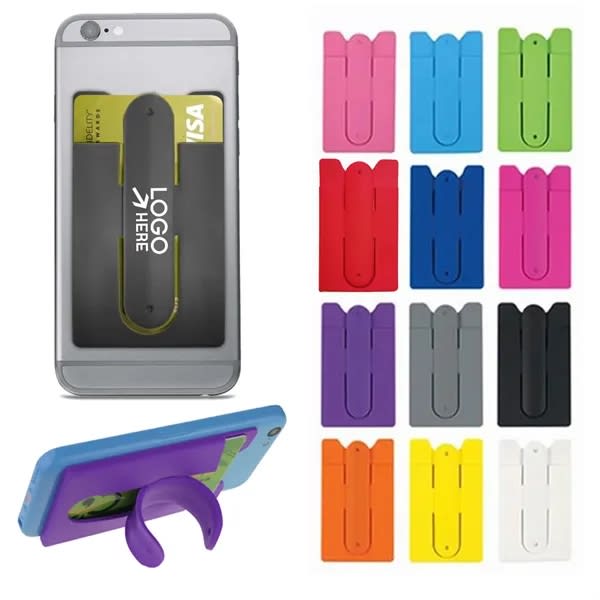 A phone wallet and stand in various colours, featuring slots for cards and a logo. Phone Wallet / Stand - Image 1